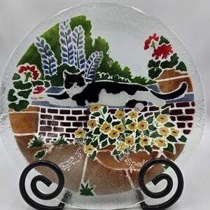 Fused Glass Cats and Flowers Plate 10.75" Signed by artist Peggy Carr Garden Cat